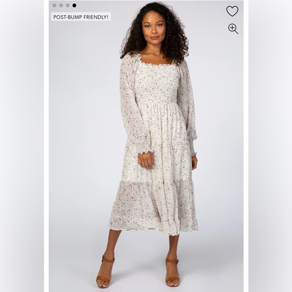 NWOT Pinkblush Ivory Floral Smocked Front Ruffle Hem Maternity Midi Dress size M - Picture 4 of 9